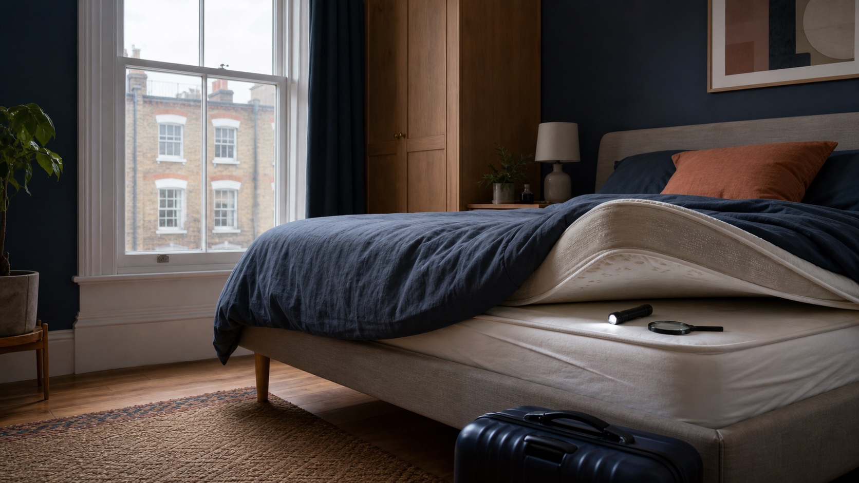 A calm London bedroom with a lifted mattress seam, inspection torch and suitcase beside a sash window.