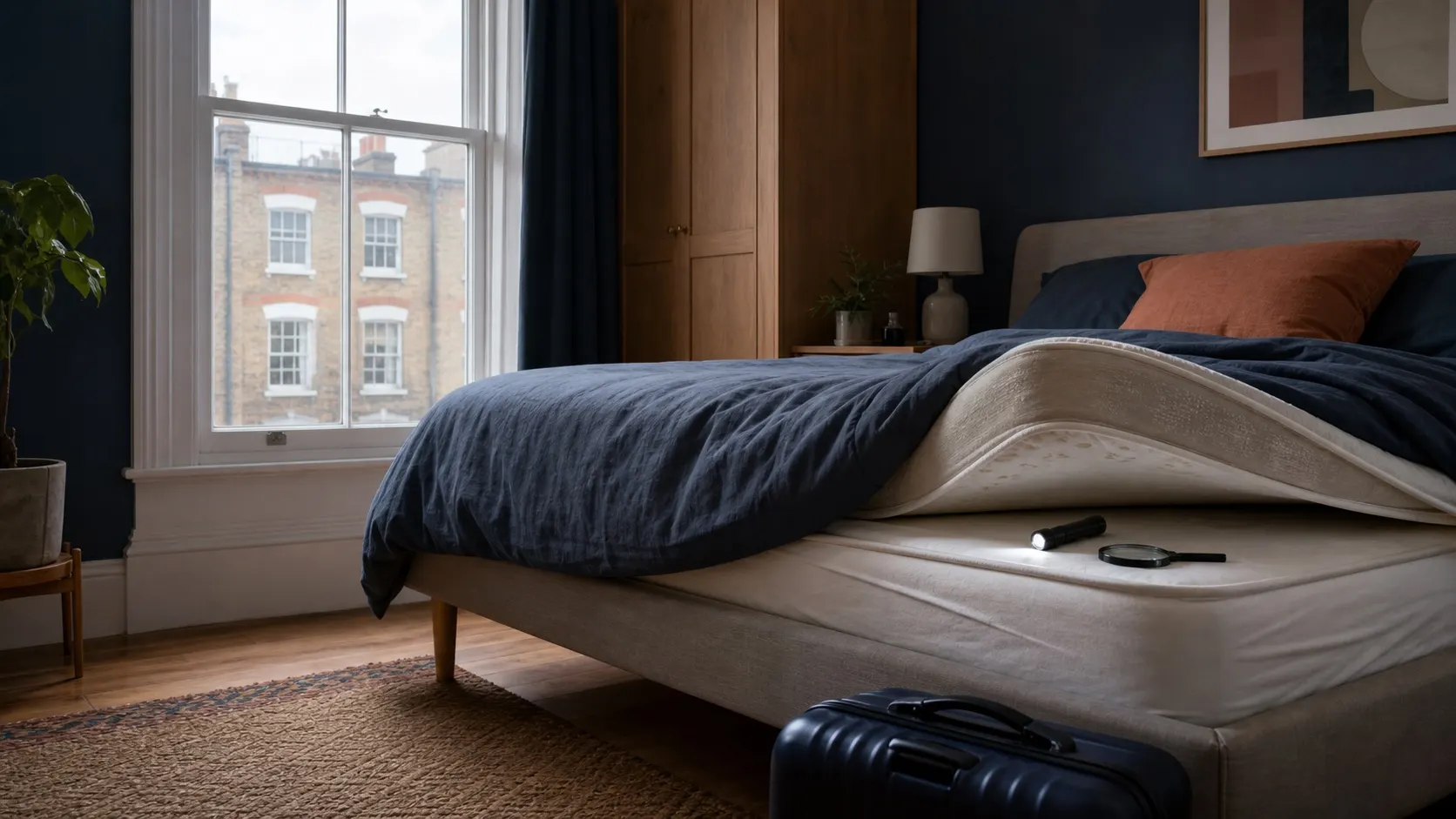 A calm London bedroom with a lifted mattress seam, inspection torch and suitcase beside a sash window.